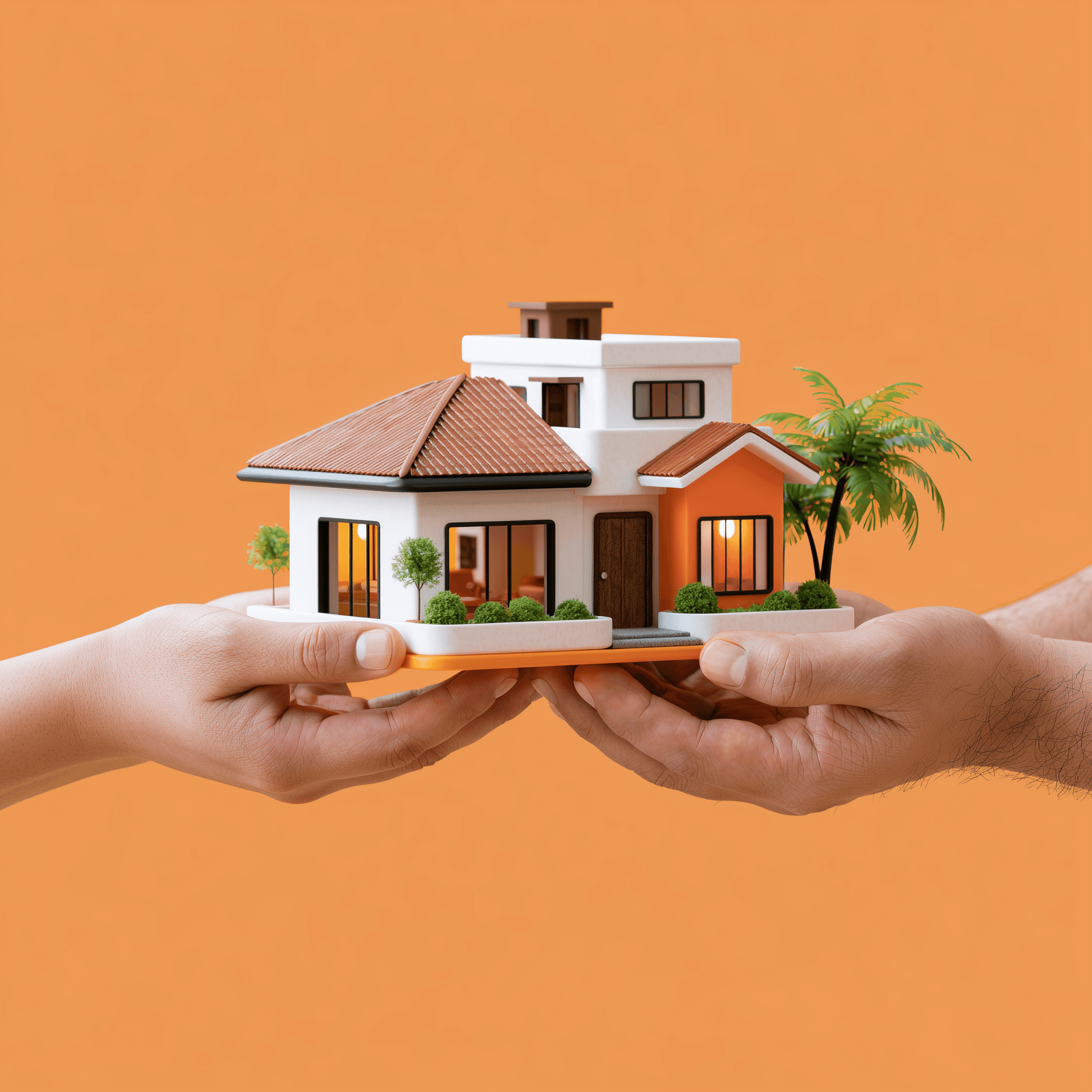 Two hands holding a small model of a family home